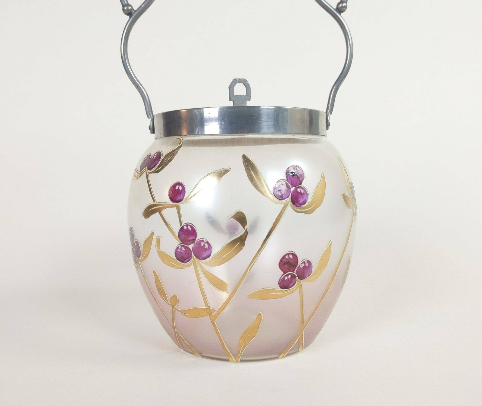 French Glass Candy Jar Cookie Barrel With Hand Decorated Gold Flower Leaf And Purple Berry Design, Retro Biscuit Container, Old Bonbon Pot photo for sale