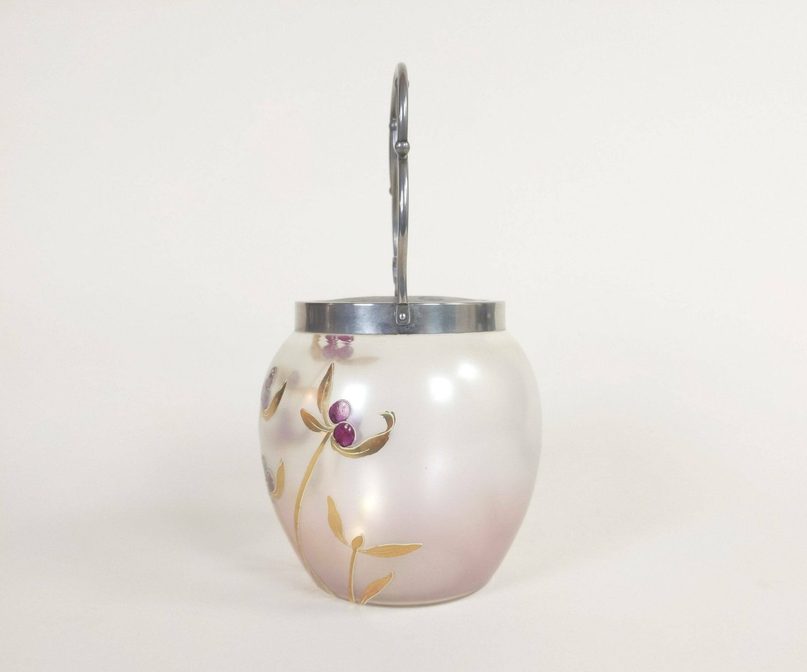 French Glass Candy Jar Cookie Barrel With Hand Decorated Gold Flower Leaf And Purple Berry Design, Retro Biscuit Container, Old Bonbon Pot photo Home Decor
