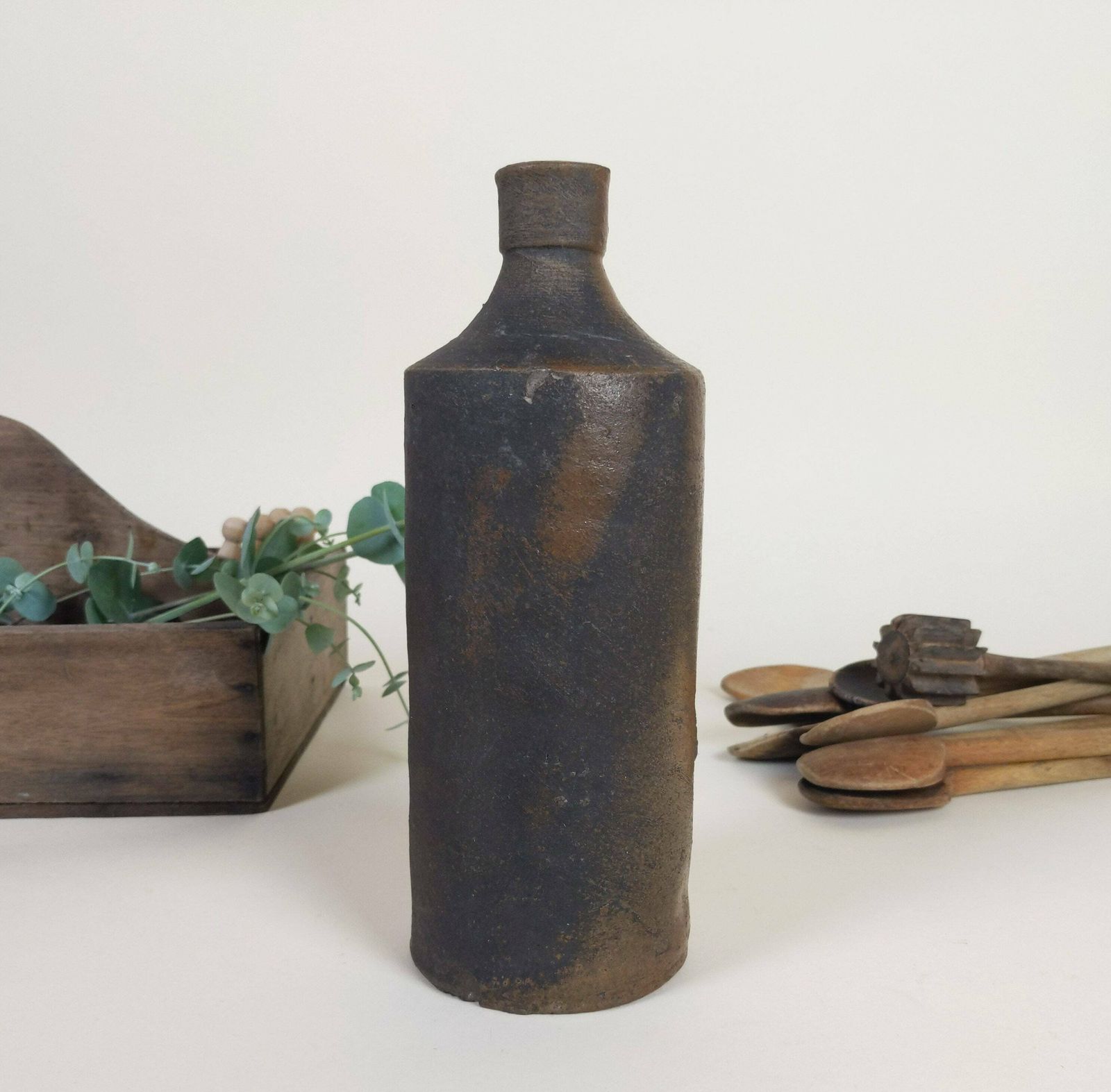 Antique French Chocolate Brown Stoneware Pottery Bottle 1900s photo Home Decor