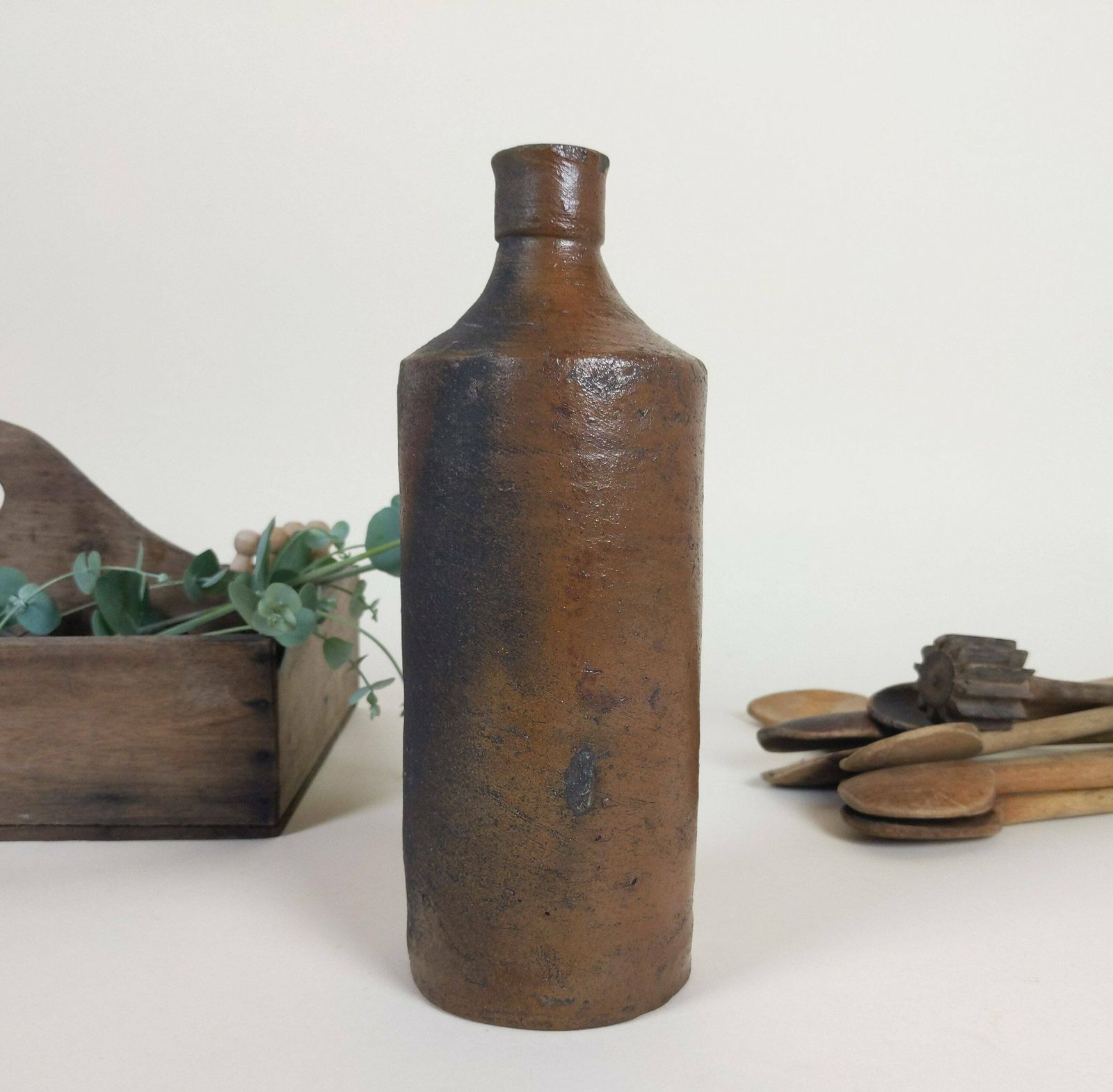 Antique French Chocolate Brown Stoneware Pottery Bottle 1900s photo 60.0