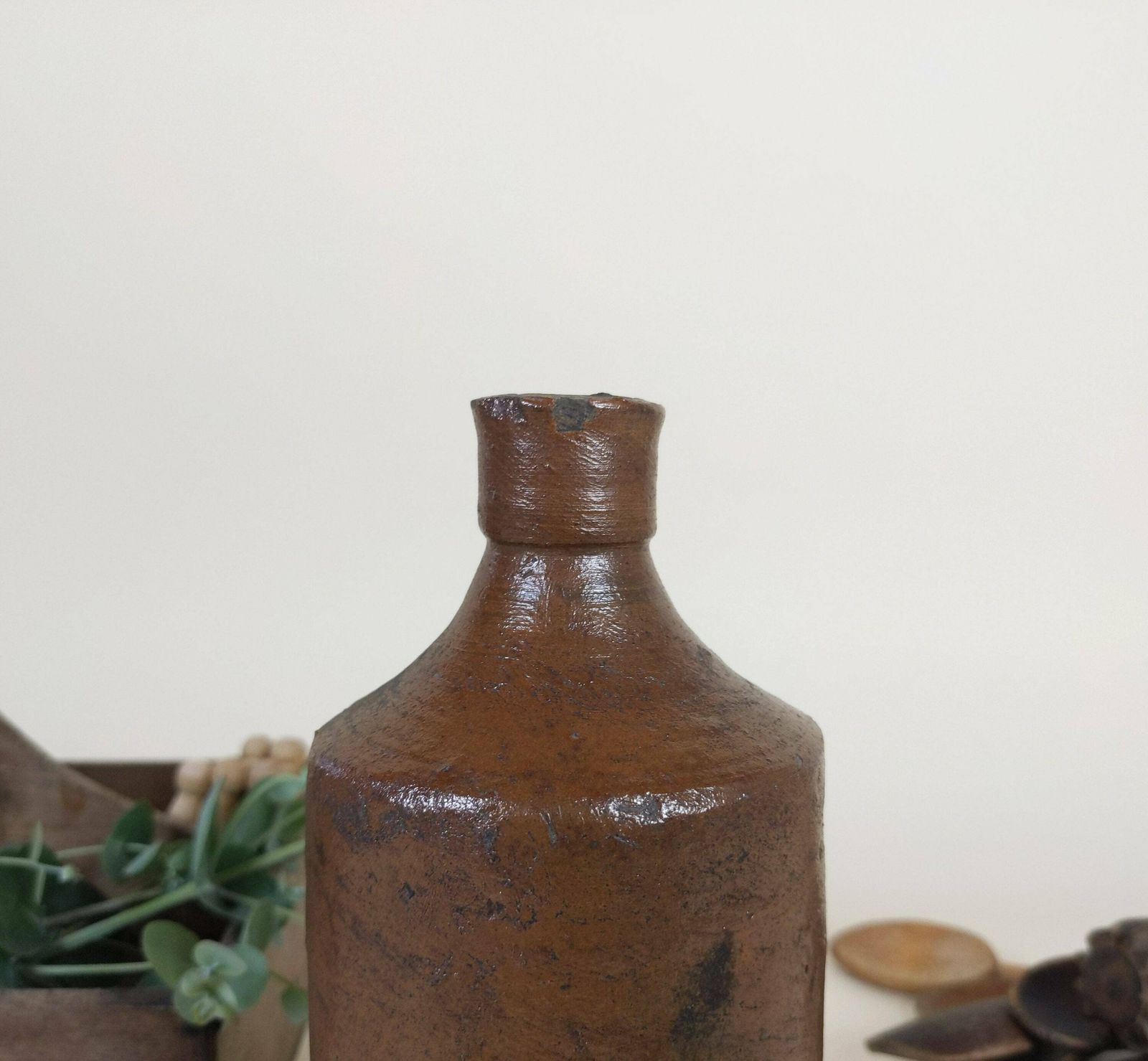 Antique French Chocolate Brown Stoneware Pottery Bottle 1900s photo buy