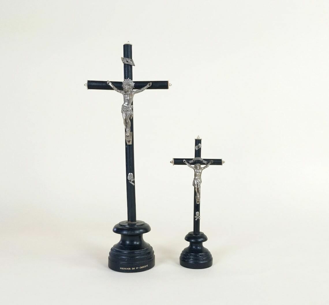 Pair Antique French Ebonized Napoleon 3 Style Wood Metal And Bone Christian Jesus Mourning Crucifix From Lourdes, Catholic Religious Decor