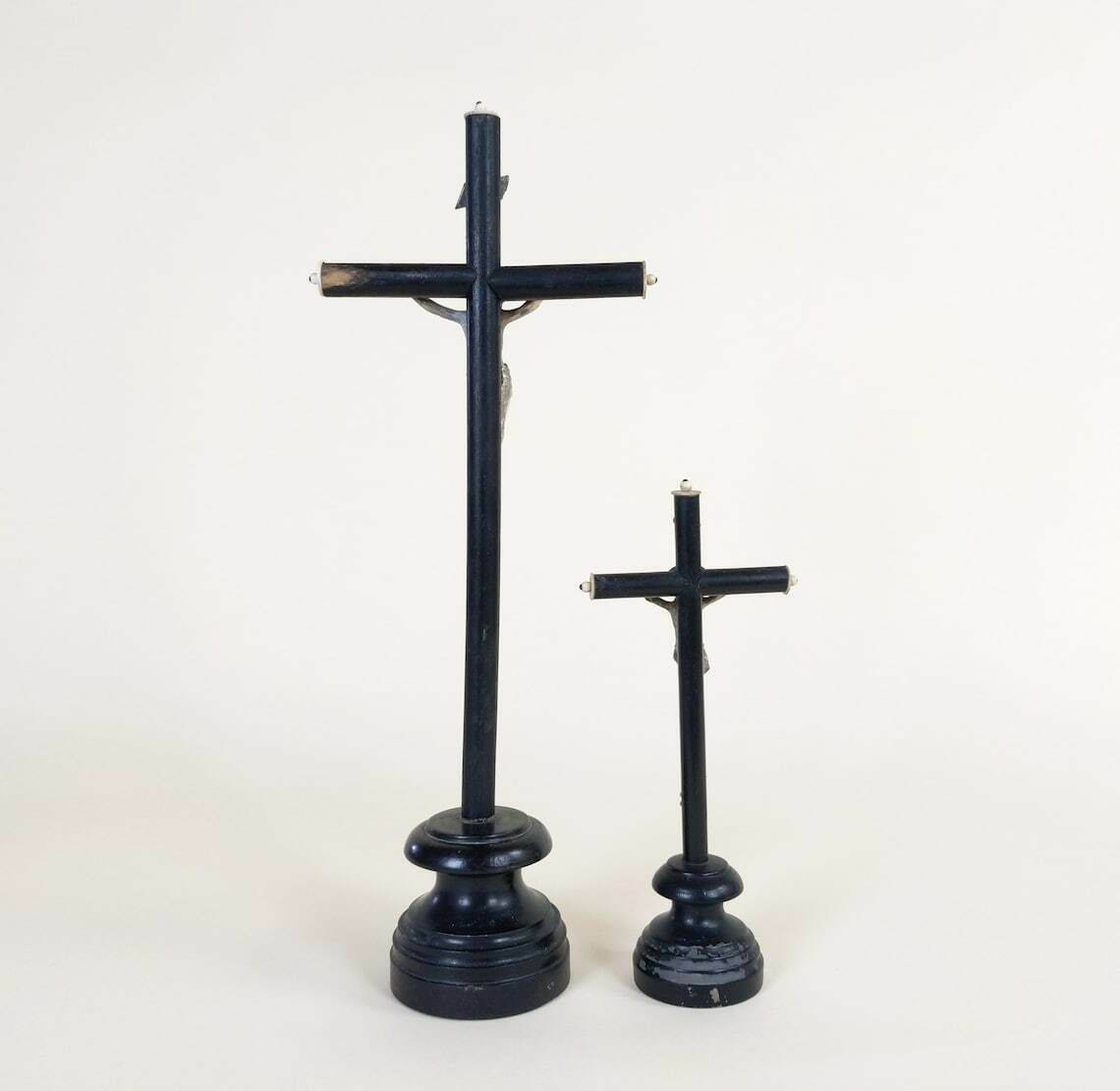 Pair Antique French Ebonized Napoleon 3 Style Wood Metal And Bone Christian Jesus Mourning Crucifix From Lourdes, Catholic Religious Decor photo 98.0