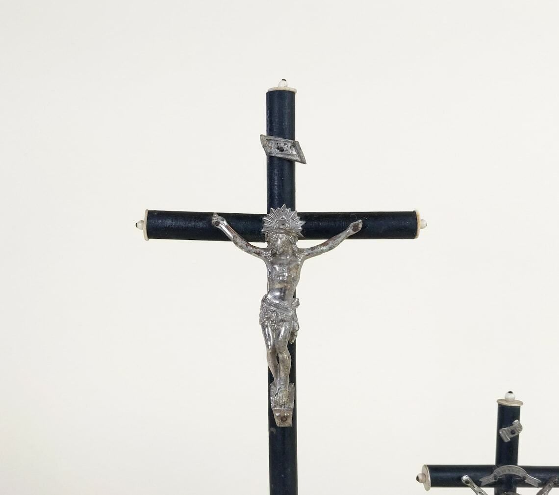 Pair Antique French Ebonized Napoleon 3 Style Wood Metal And Bone Christian Jesus Mourning Crucifix From Lourdes, Catholic Religious Decor photo vinterior