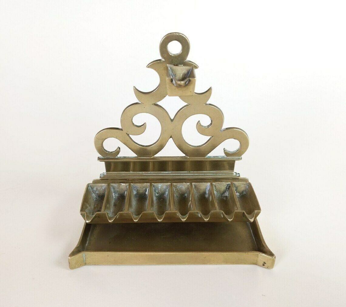 Antique 19th Century French Brass Jewish Hannukkah Lamp Menora With Makers Mark Cazenave & Moreau Bayonne France photo Lighting