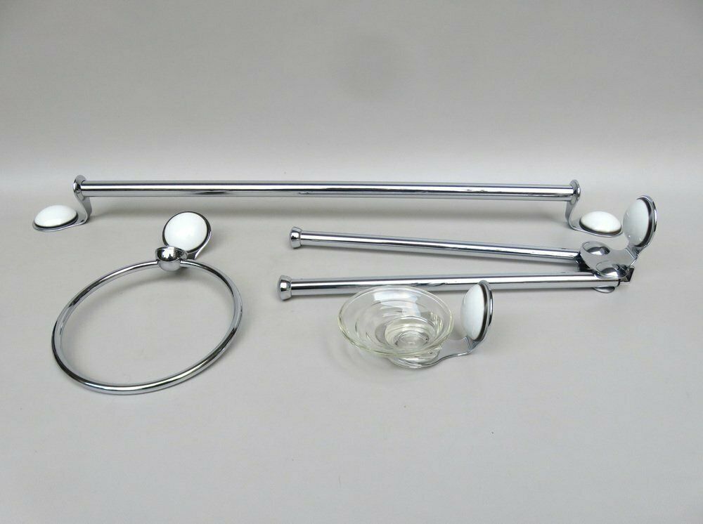 Space Age Bathroom Set In Chrome Plated Brass And Porcelain, 1970s, Set Of 4
