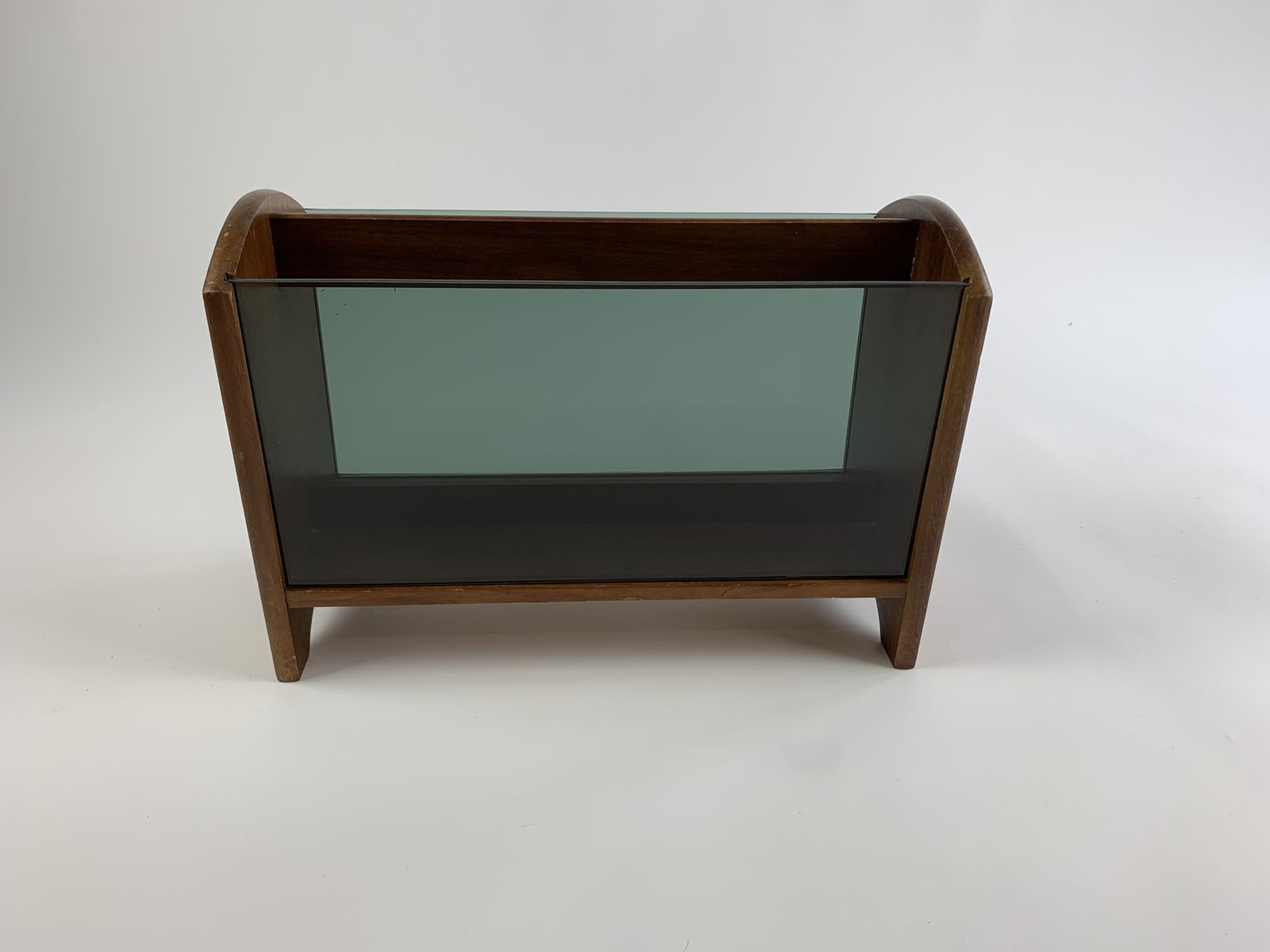 Mid Century Vintage Teak And Smoked Glass Magazine Rack photo furniture