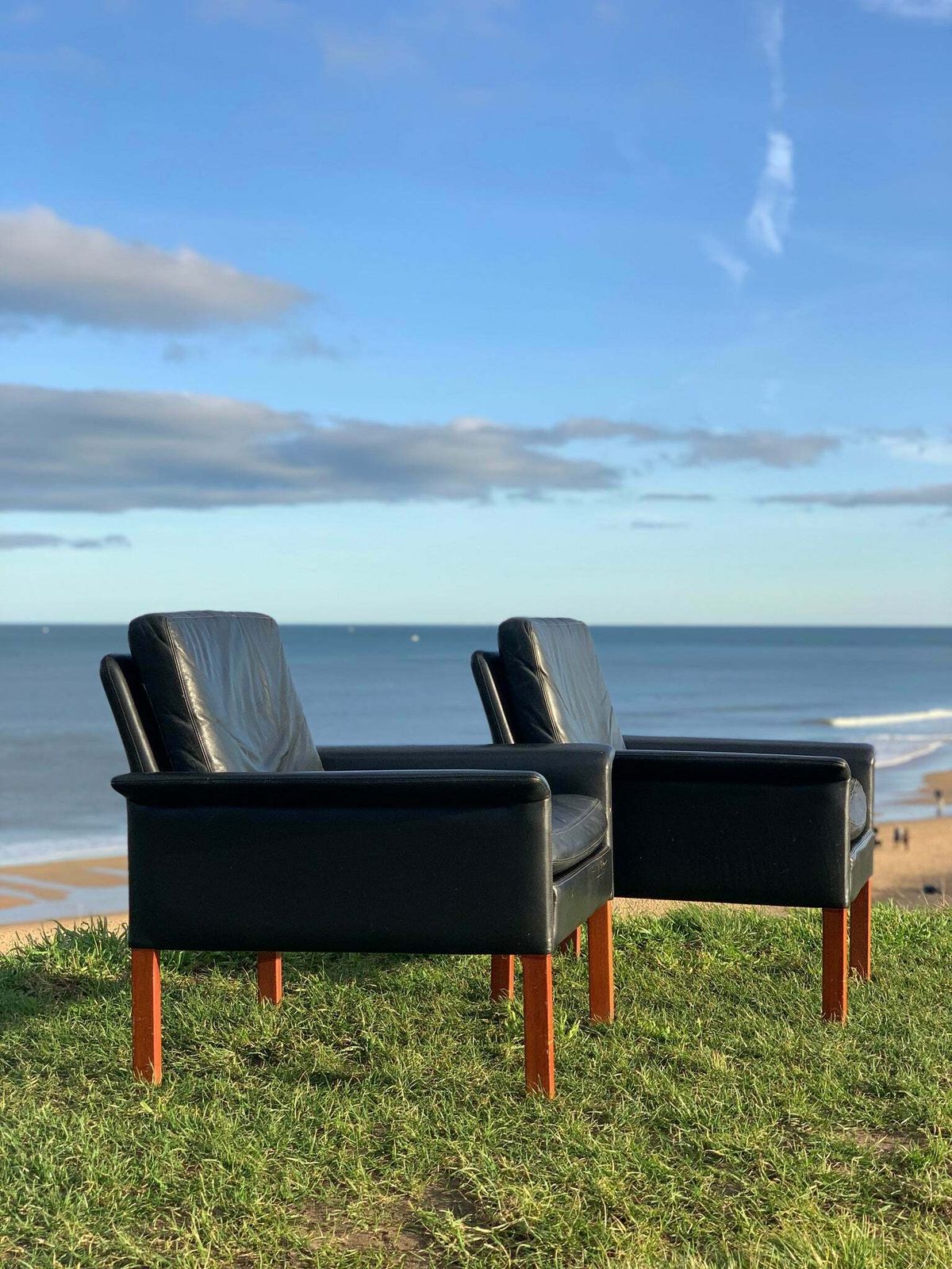 Danish Leather Armchairs, Designed By Hans Olsen For Cs Mobler photo for sale