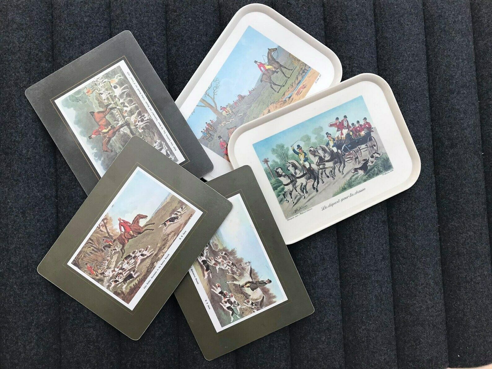photo for sale Fox Hunting Placemats Table Mats Set Of 3 And 2 Plastic Trays Hunting Decor Cork Placemat England 70s Gift Mom Hostess Serving Hunter Gift