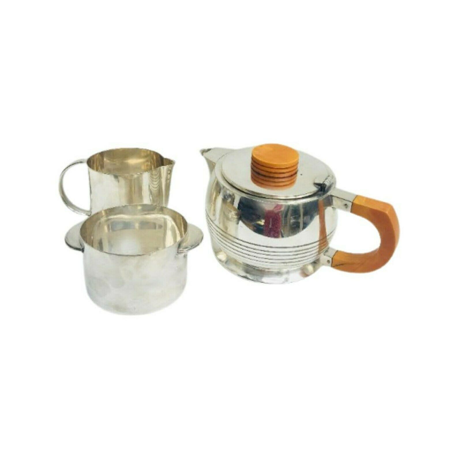 Art Deco Tea Set, Elkington & Co Cardinal Plate Silver Plated Vintage 1920s Butterscotch Bakelite Handles Tea Pot, Creamer Sugar Bowl 1920