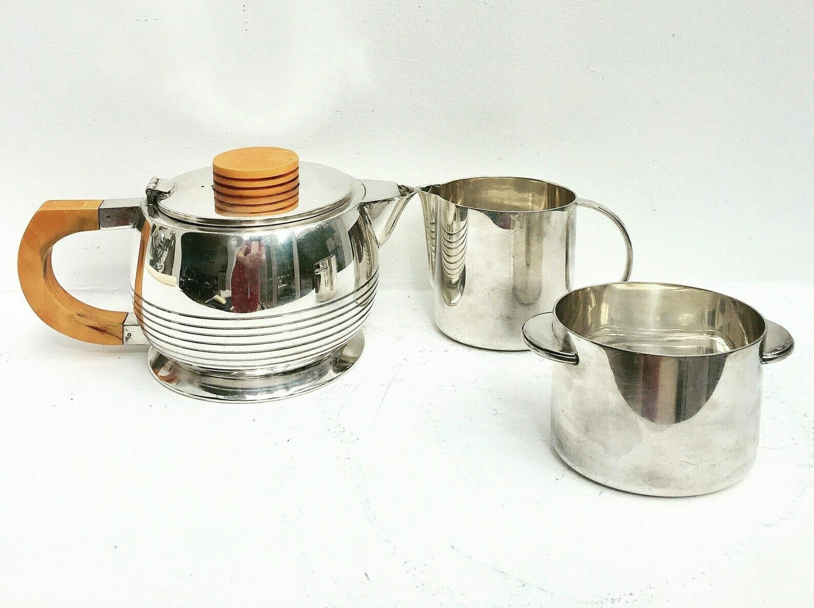 Art Deco Tea Set, Elkington & Co Cardinal Plate Silver Plated Vintage 1920s Butterscotch Bakelite Handles Tea Pot, Creamer Sugar Bowl 1920 photo furniture