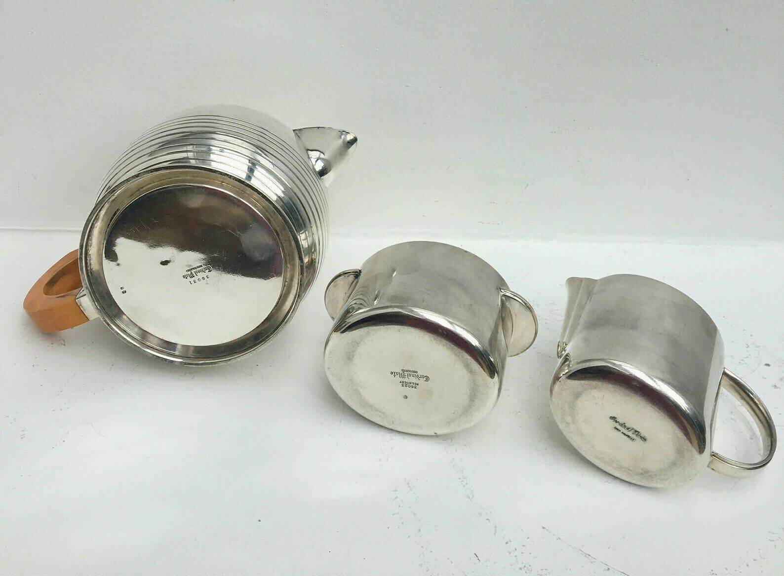 photo furniture Art Deco Tea Set, Elkington & Co Cardinal Plate Silver Plated Vintage 1920s Butterscotch Bakelite Handles Tea Pot, Creamer Sugar Bowl 1920