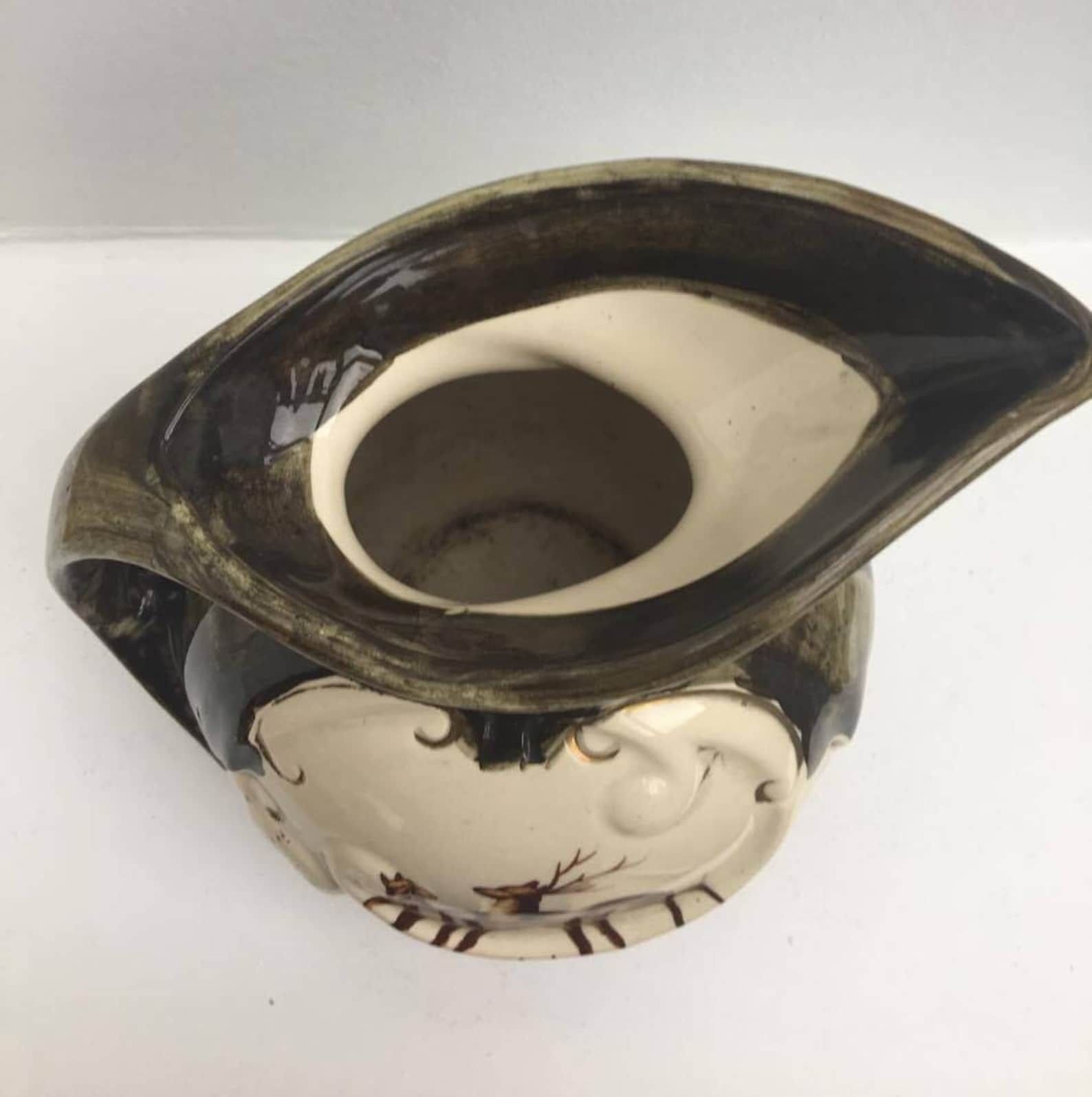Vintage Large Ceramic Pitcher , Green Brown Glaze Gold Rim Handpainted, Flying Bird Duck Geese, Montagne H Bequet, Belgium Jug Hubert Bequet photo for sale