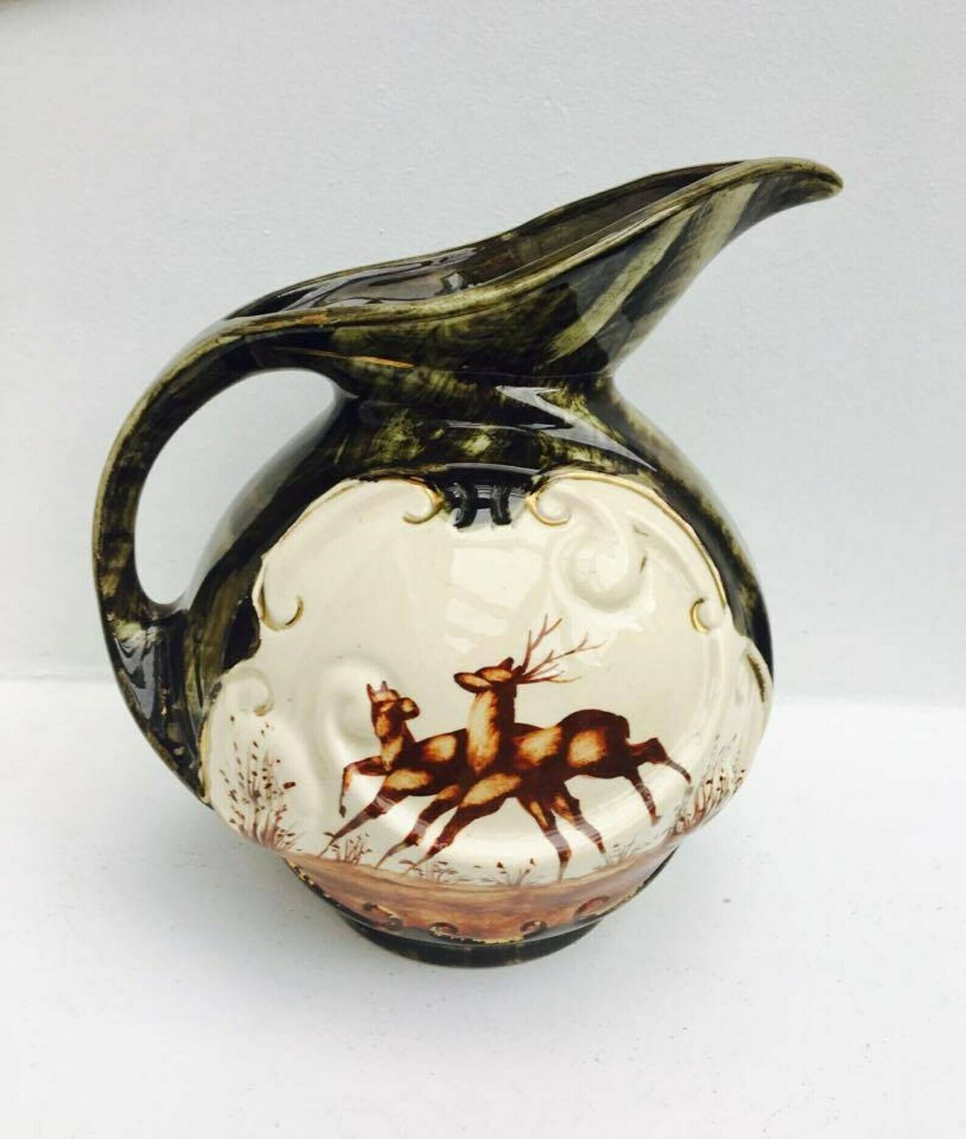 Vintage Large Ceramic Pitcher , Green Brown Glaze Gold Rim Handpainted, Flying Bird Duck Geese, Montagne H Bequet, Belgium Jug Hubert Bequet photo vinterior