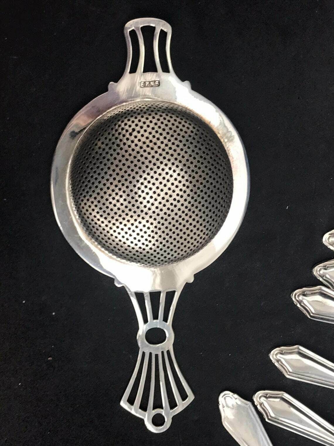 Art Nouveau Antique Silver Plated Tea Set Strainer And Spoons Set 6 Boxed England Victorian Flatware Boxed 1910s Gift Tea Lover Hostess photo furniture