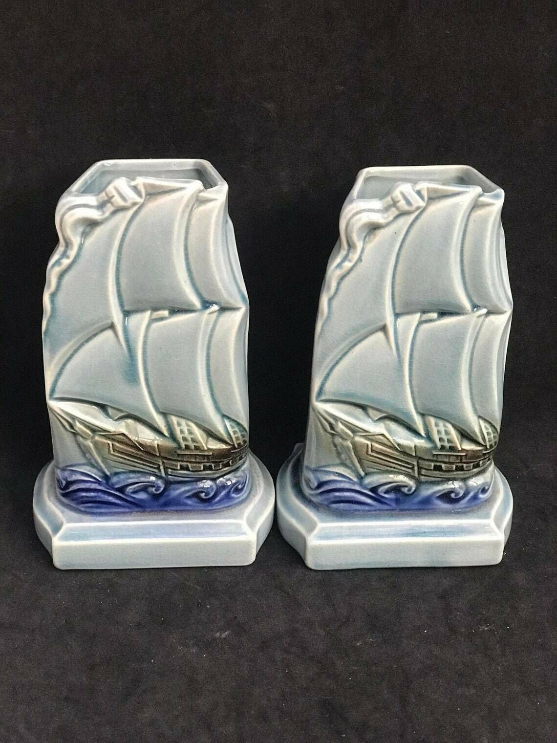 photo furniture Pair Small Vases Bleu Sarreguemines Ceramic 1920's French Pottery Sailing Boats Coastal Decor Beach House Table Decor Gift For Her