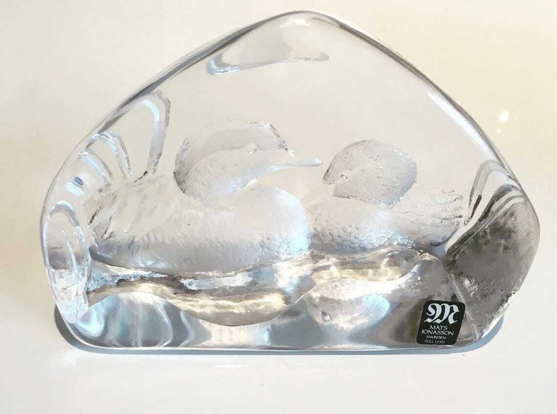 Glass Paperweight Mats Jonasson Designer Royal Krona Lead, Crystal Glass Etched Ducks, Swedish Art Glass, 1970s Sculpture photo furniture