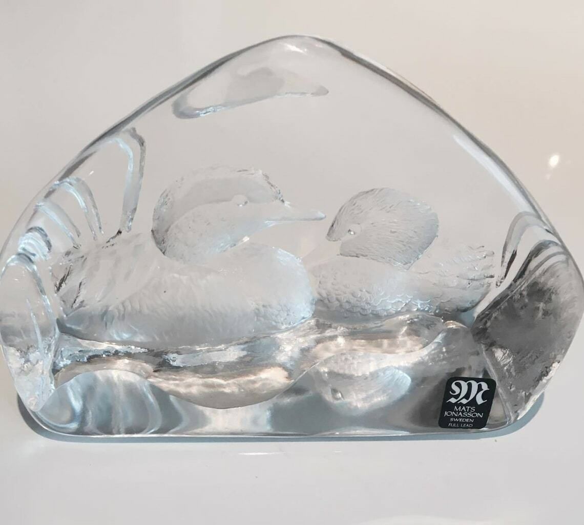 Glass Paperweight Mats Jonasson Designer Royal Krona Lead, Crystal Glass Etched Ducks, Swedish Art Glass, 1970s Sculpture photo buy