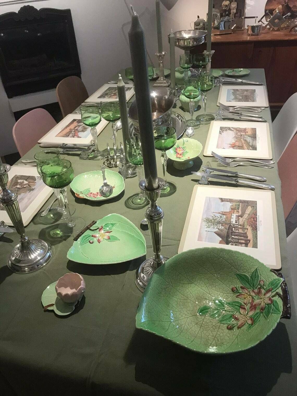 Carltonware Dishes Plate Serving Bowl Green Apple Blossom Plate 4 Pieces Green Decoration Bamboo Lotus English Collectors Antique China photo for sale