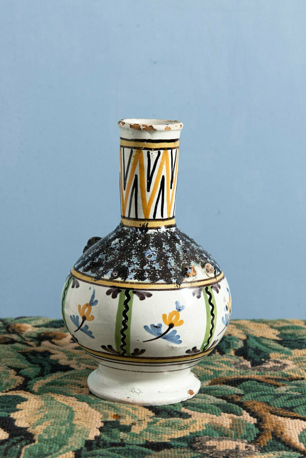 Nevers Faience Yellow Andf Black Floral Bottle 18th Century photo for sale