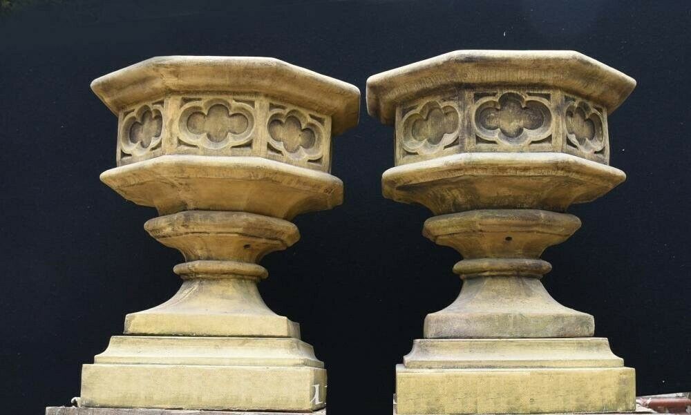Gothic Stone Garden Urns   Octagonal On Pedestal Base Architectural