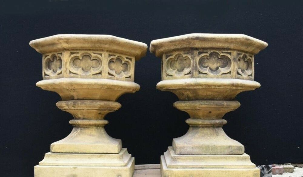 Gothic Stone Garden Urns   Octagonal On Pedestal Base Architectural photo Garden Decor