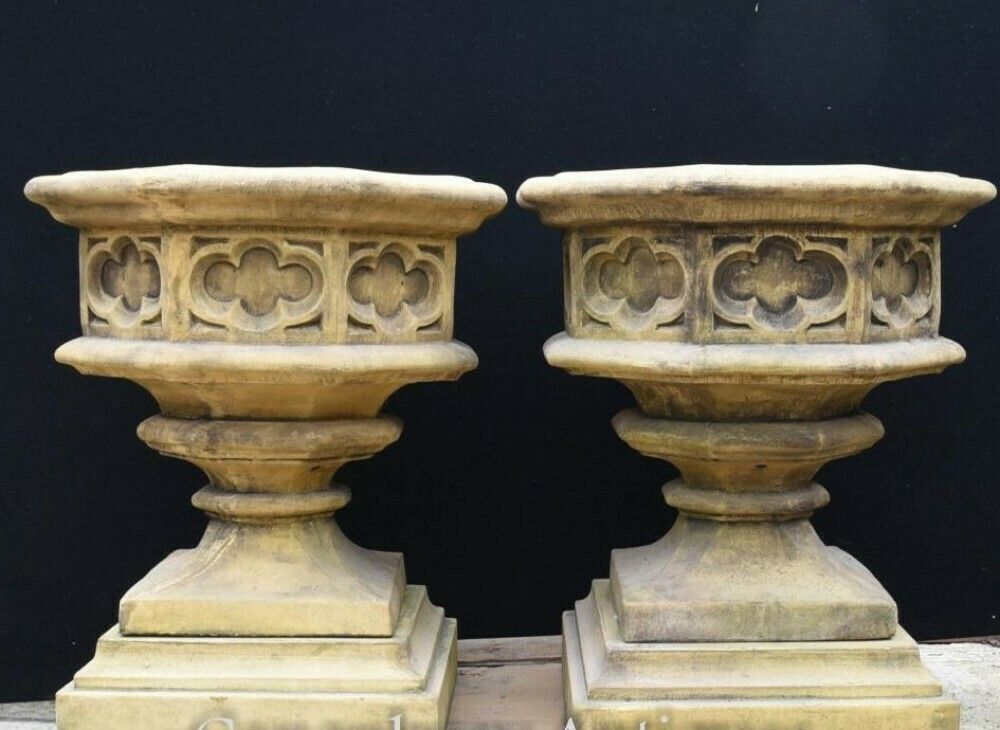 photo for sale Gothic Stone Garden Urns   Octagonal On Pedestal Base Architectural