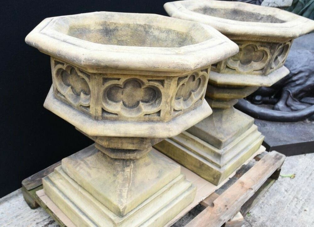 photo vinterior Gothic Stone Garden Urns   Octagonal On Pedestal Base Architectural