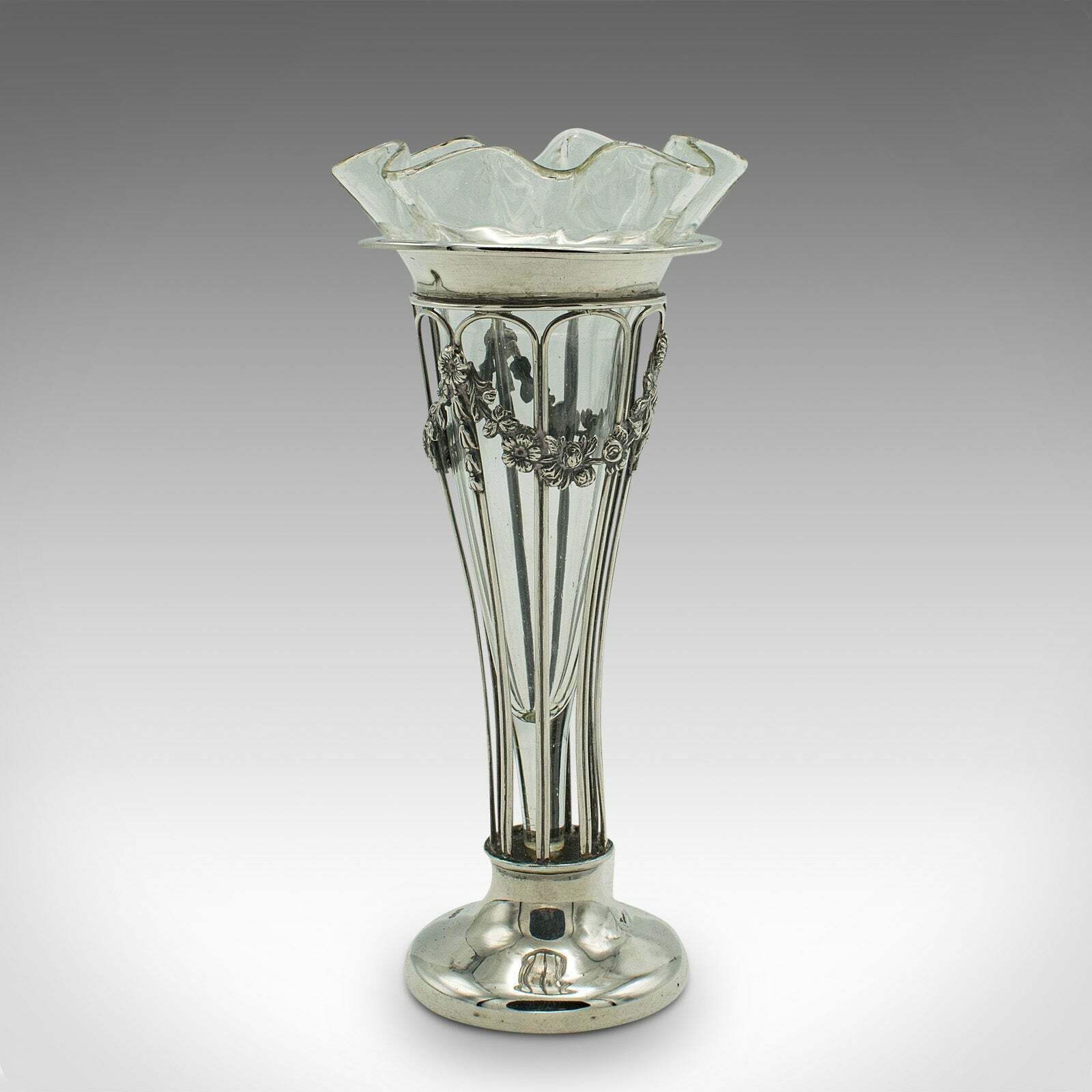 Small Antique Stem Vase, English, Silver, Glass, Decor, Art Nouveau, Edwardian photo for sale