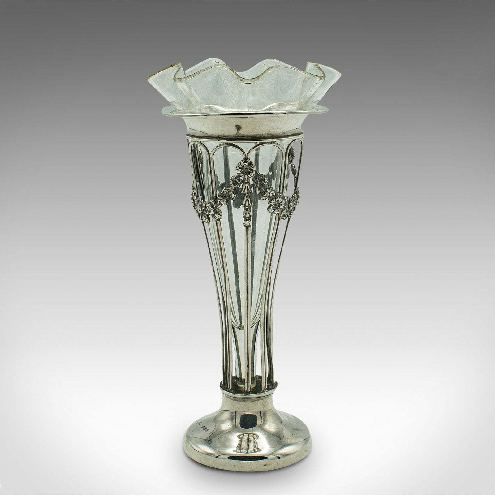 Small Antique Stem Vase, English, Silver, Glass, Decor, Art Nouveau, Edwardian photo Home Decor