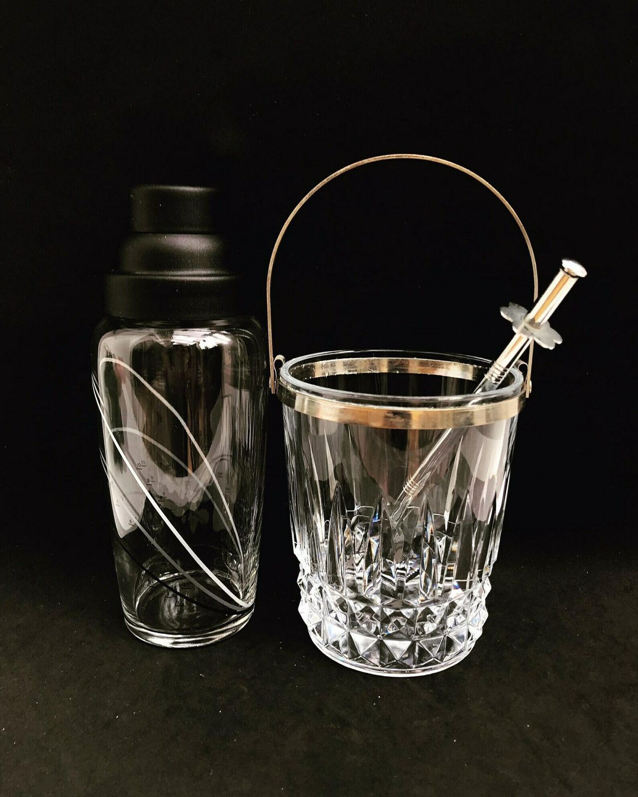 Shaker à cocktail et seau à glace vintage en métal et verre, accessoires de bar Mid Century