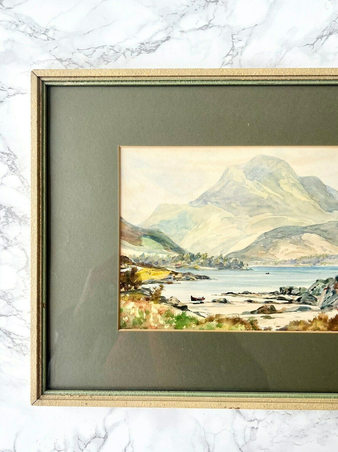 Signed Old Watercolor Representing A Body Of Water In A Mountain Landscape   Lakescape Sea Pond   Framed Painting photo furniture