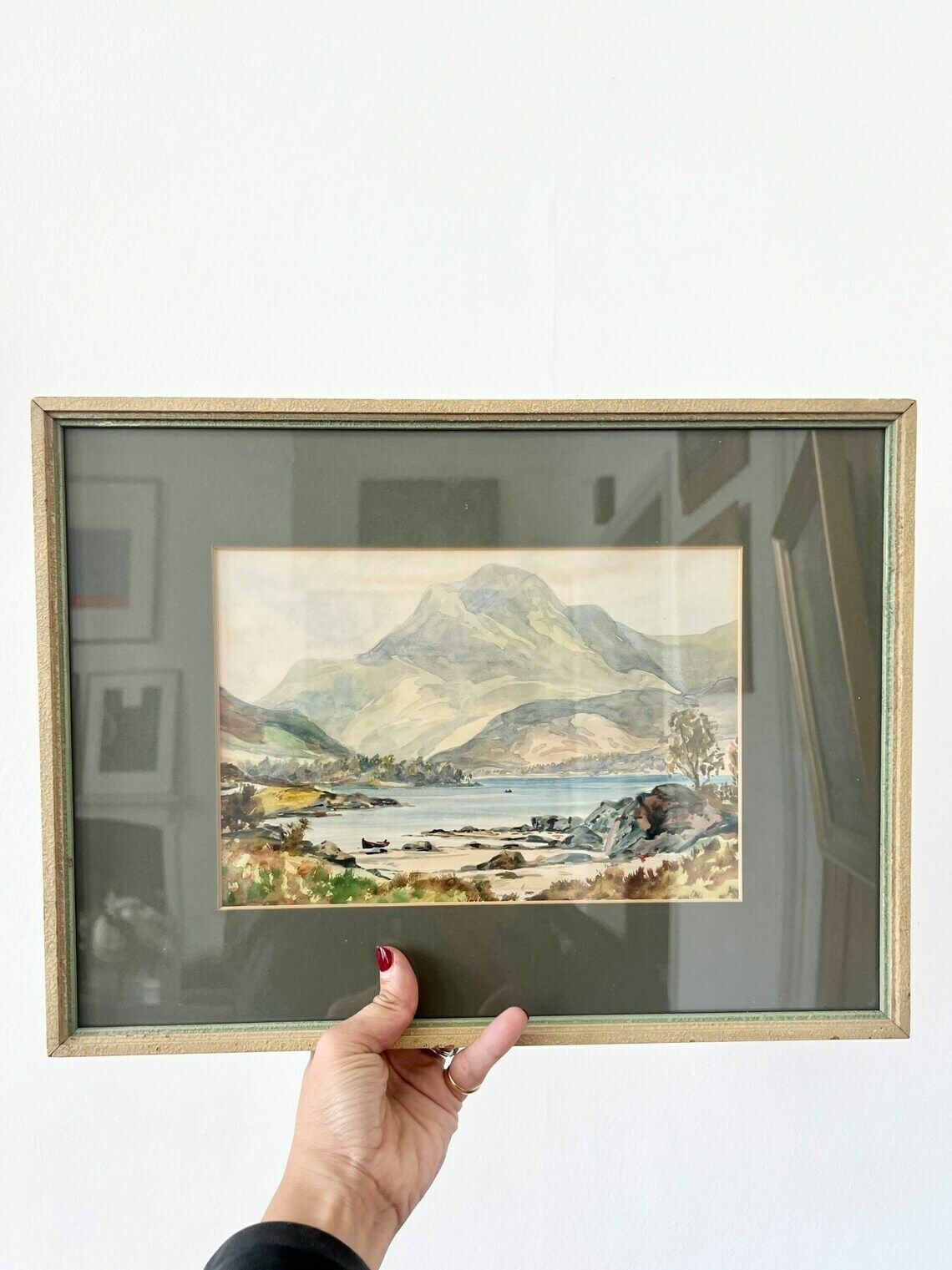 Signed Old Watercolor Representing A Body Of Water In A Mountain Landscape   Lakescape Sea Pond   Framed Painting photo vinterior