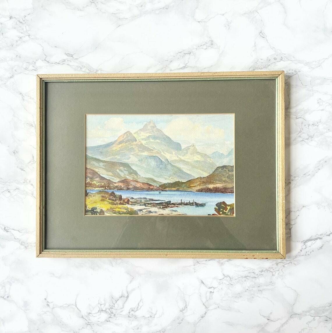 Signed Old Watercolor Representing A Body Of Water In A Mountain Landscape   Lakescape Sea Pond   Framed Painting