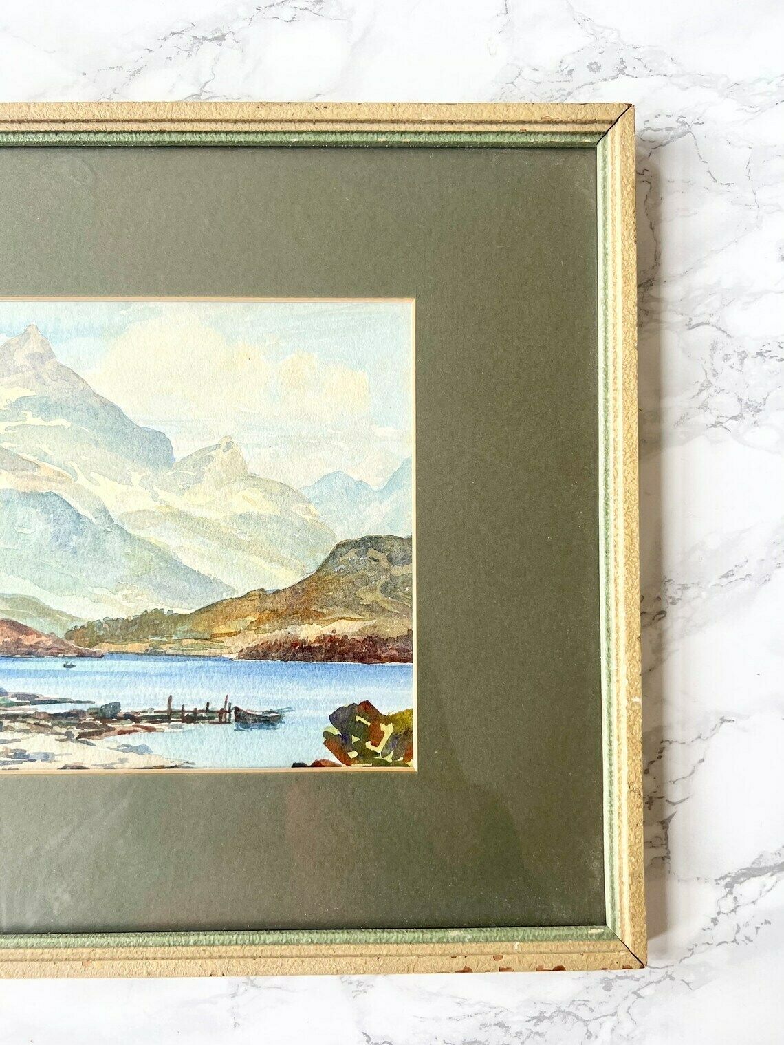 Signed Old Watercolor Representing A Body Of Water In A Mountain Landscape   Lakescape Sea Pond   Framed Painting photo Art