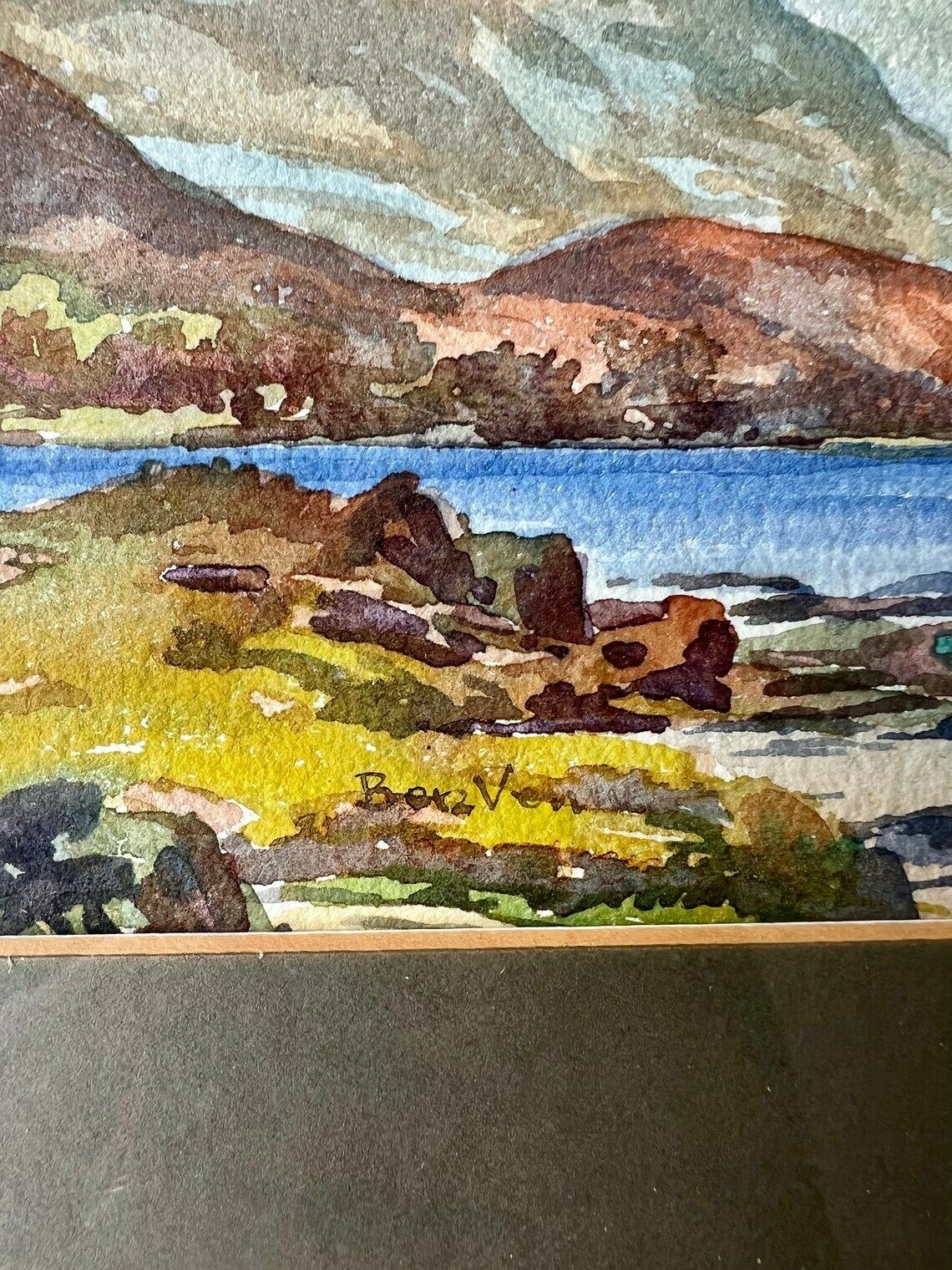 Signed Old Watercolor Representing A Body Of Water In A Mountain Landscape   Lakescape Sea Pond   Framed Painting photo 140.0