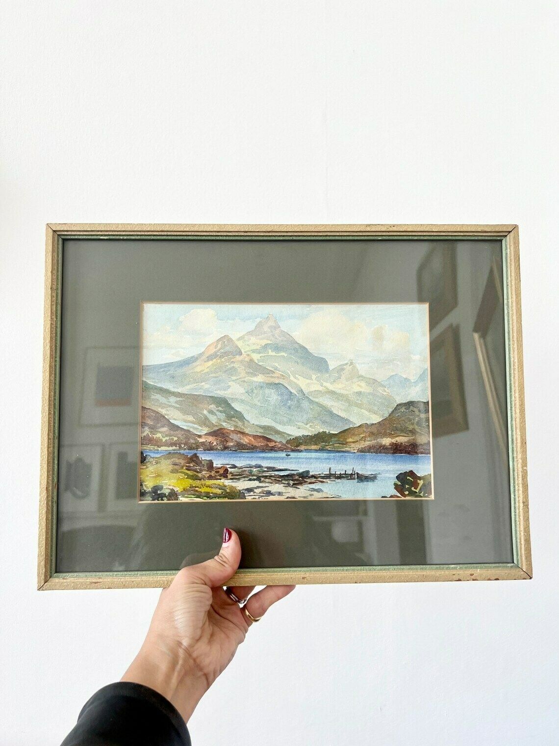 Signed Old Watercolor Representing A Body Of Water In A Mountain Landscape   Lakescape Sea Pond   Framed Painting photo buy