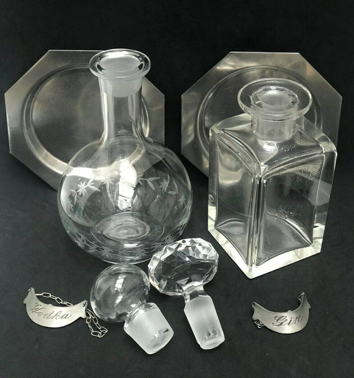 Liquor Bottle Set 2 Bar Glass Bottles Gin Vidka Scotch Bourbon Whisky Porto Hollywood Regency Bar Man Cave Gift Bar Decor Gift For Him photo for sale