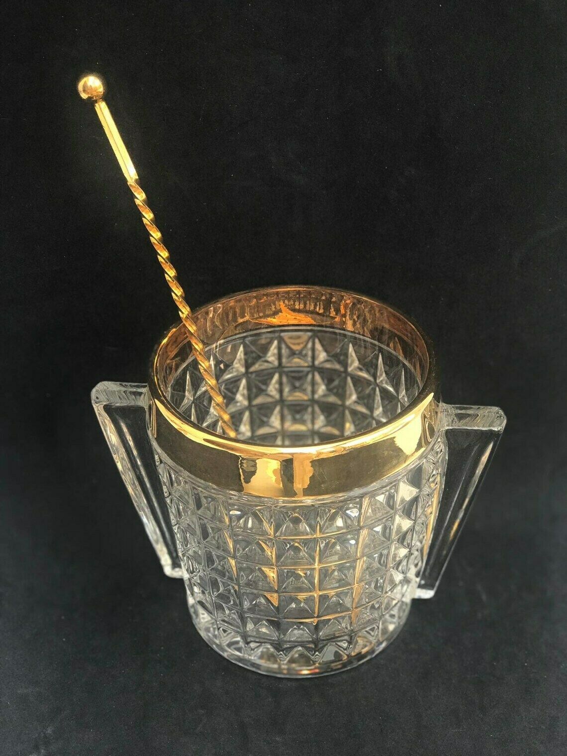 Ice Bucket Heavy Glass Molded With Handles Mid Century Retro Bar Accessories Mcm Gift For Him Hollywood Regency Gold Bar Decor photo for sale