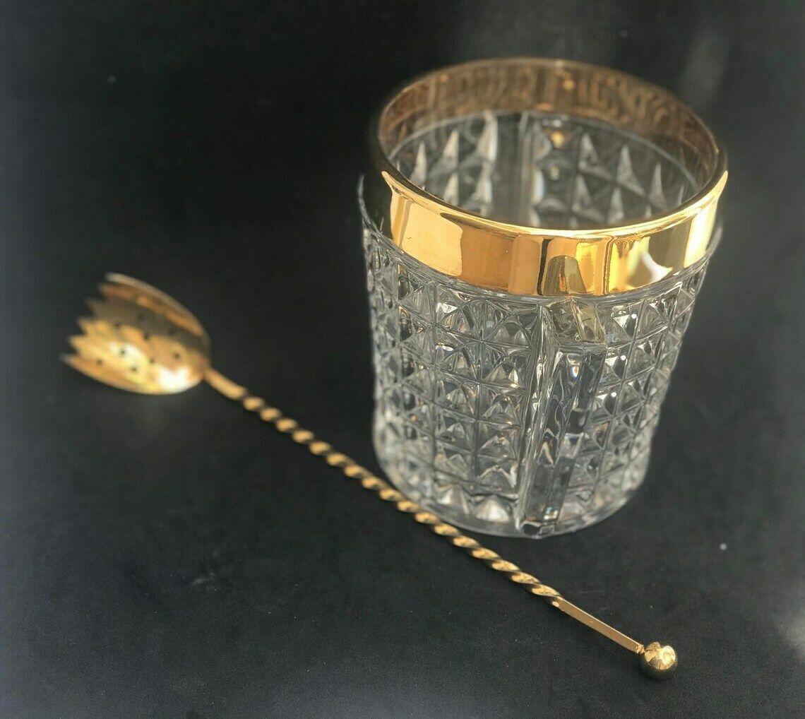 Ice Bucket Heavy Glass Molded With Handles Mid Century Retro Bar Accessories Mcm Gift For Him Hollywood Regency Gold Bar Decor photo 186.0