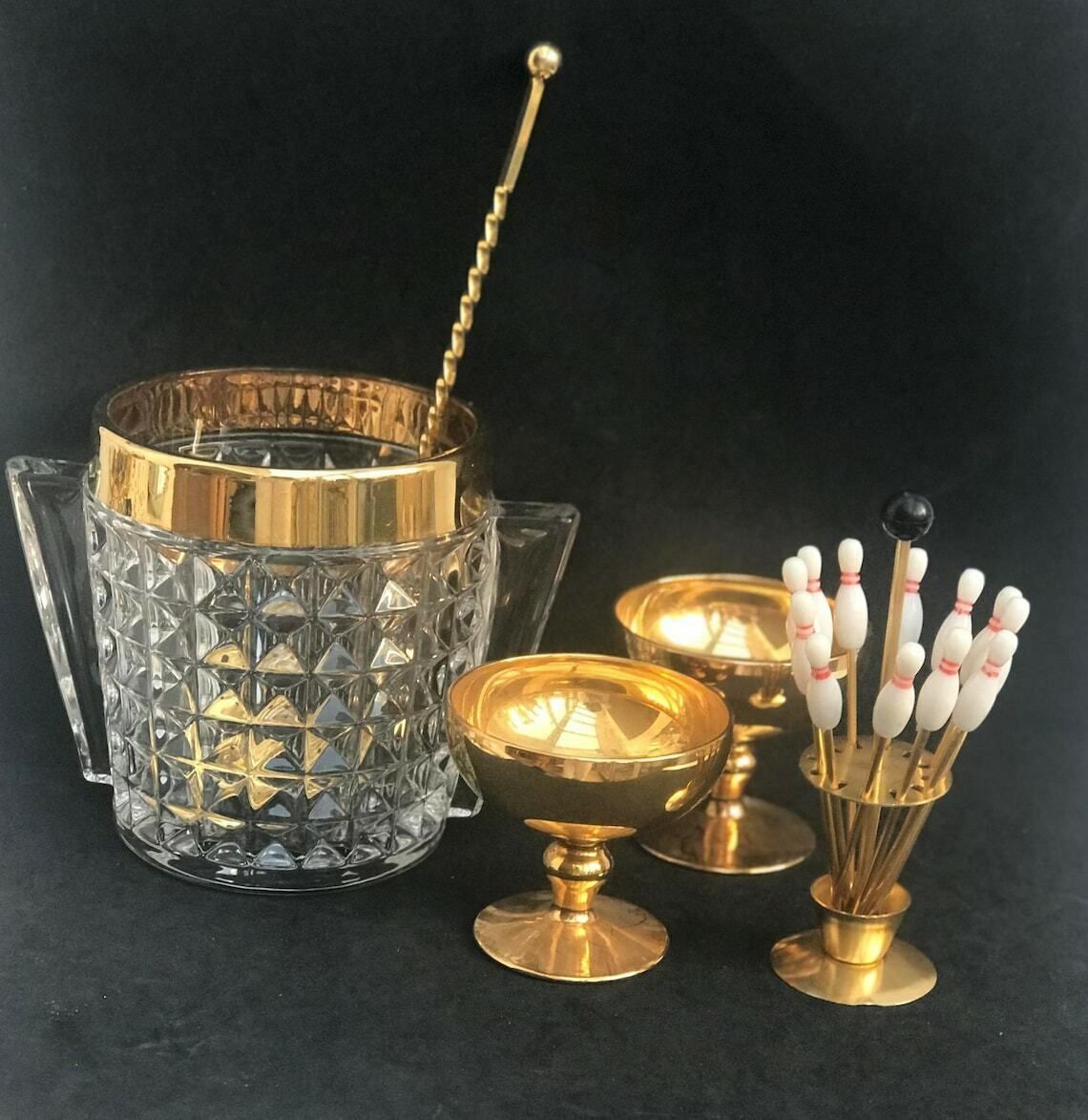 Ice Bucket Heavy Glass Molded With Handles Mid Century Retro Bar Accessories Mcm Gift For Him Hollywood Regency Gold Bar Decor photo vinterior
