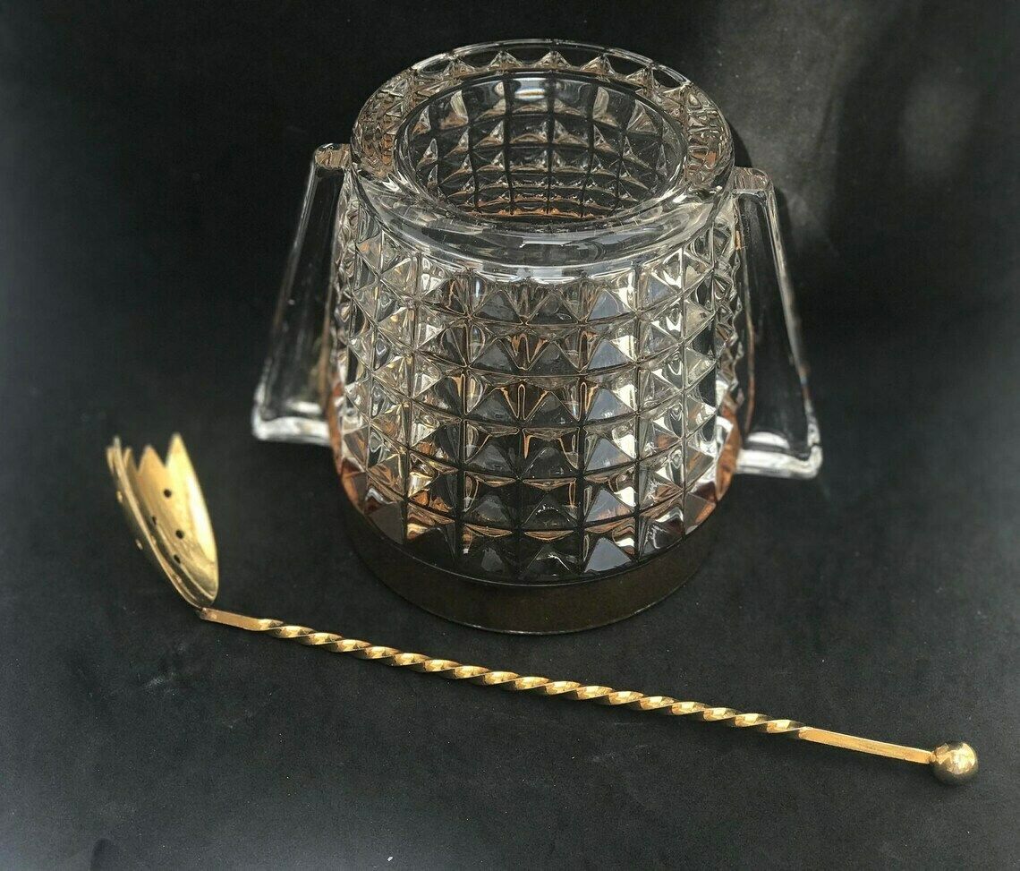 photo for sale Ice Bucket Heavy Glass Molded With Handles Mid Century Retro Bar Accessories Mcm Gift For Him Hollywood Regency Gold Bar Decor