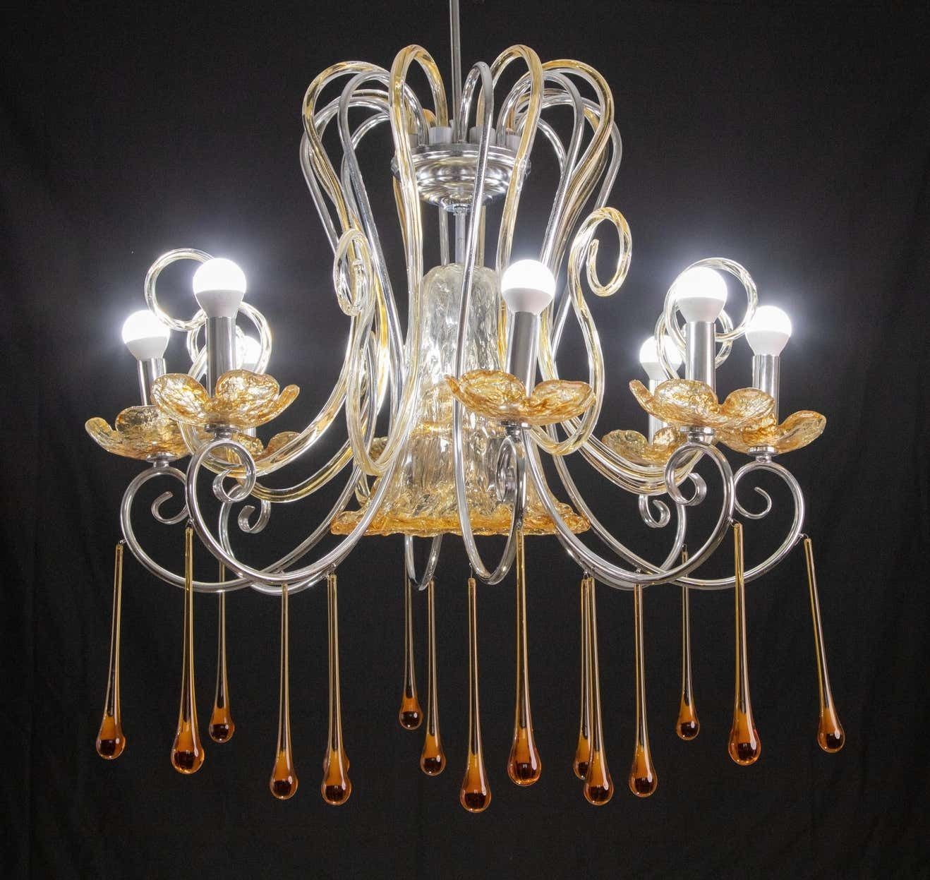 Spectacular Murano Amber Chandelier, 8 Arms, 1980s photo buy