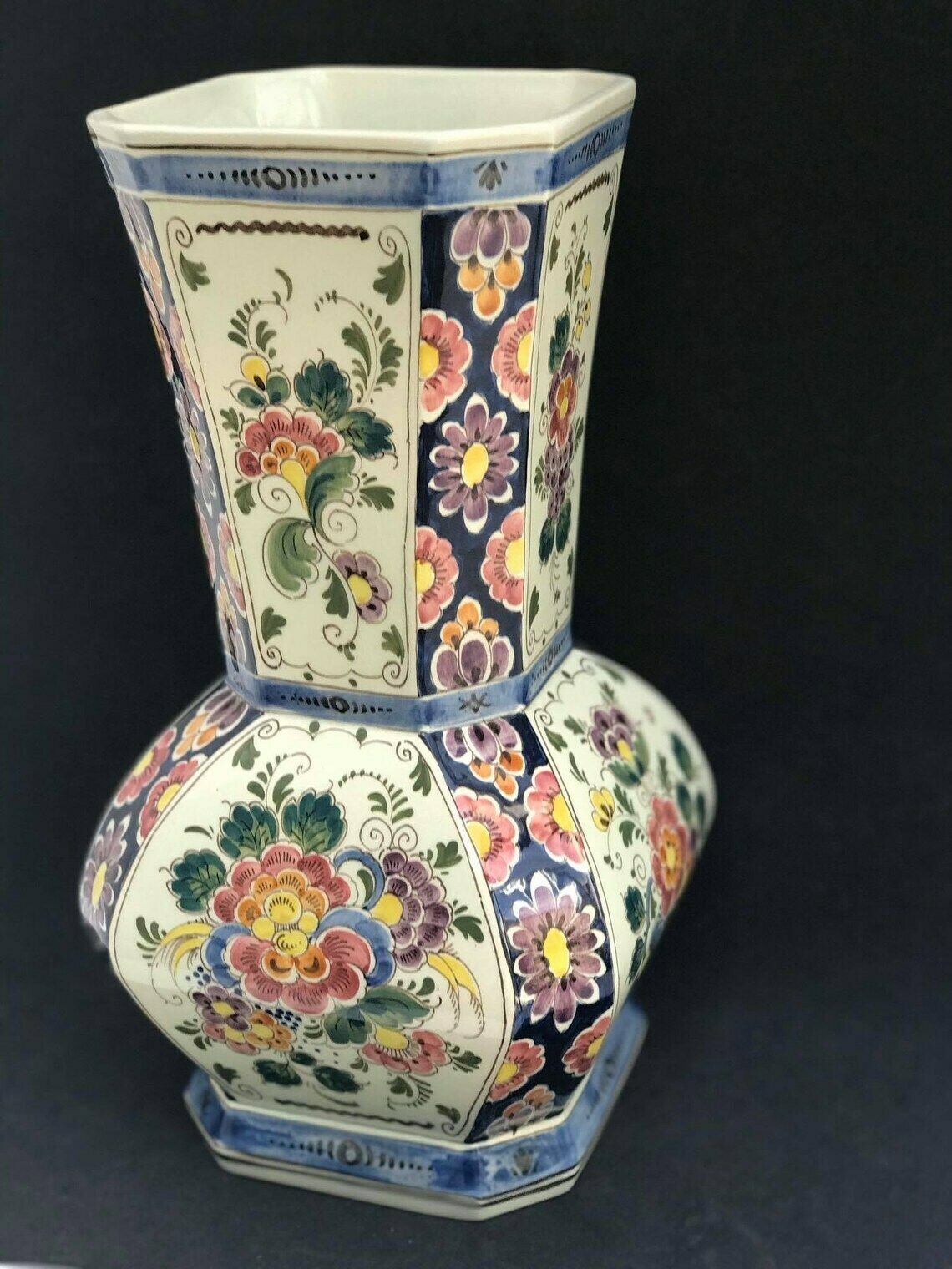 Delft Polychrome Floral Large Vase Holland Ceramic Hand Painted Signed Flower Decor Gouda Dutch Wedding Gift Holland Entrance Pottery photo vintage