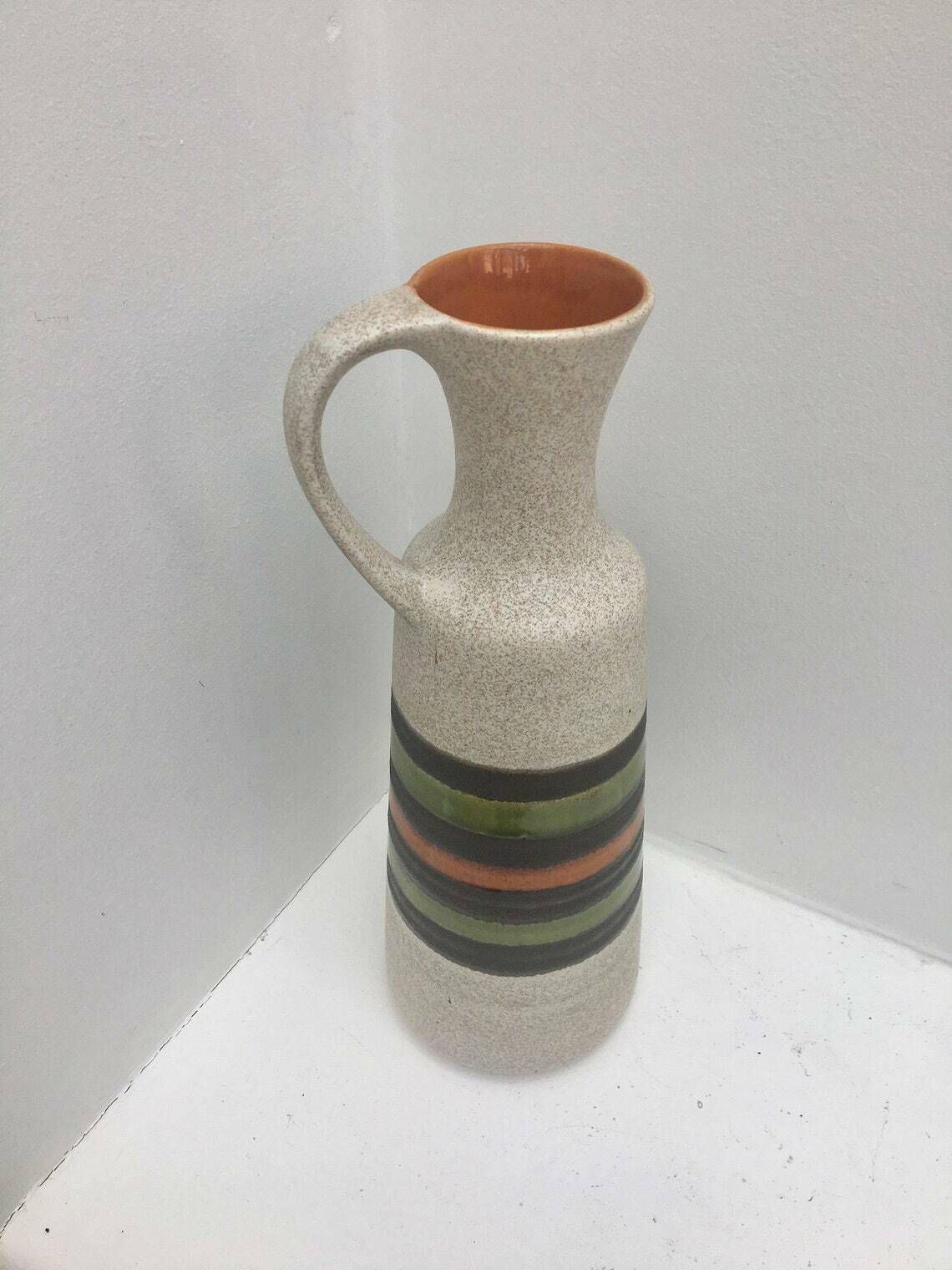 West Germany Pottery Vaas Van Dumler En Breiden – Mid Century Groen Grijs Oranje Keramiek Jaren 1960–1970 Kan Met Handvat Mcm photo vintage