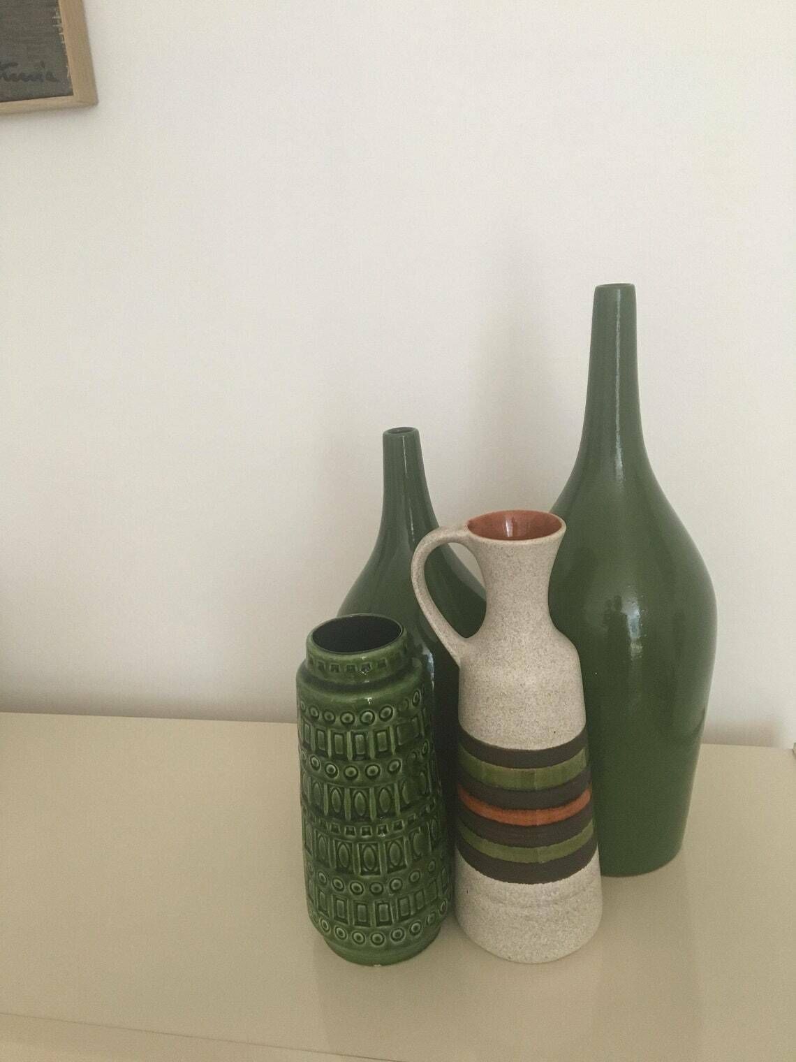 photo for sale West Germany Pottery Vaas Van Dumler En Breiden – Mid Century Groen Grijs Oranje Keramiek Jaren 1960–1970 Kan Met Handvat Mcm