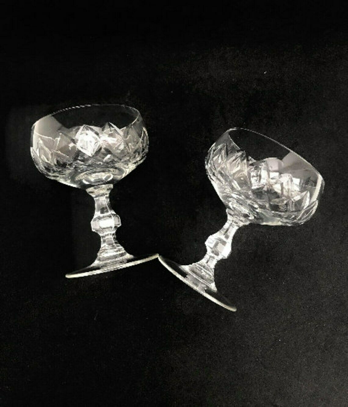 photo for sale 2 Vintage Champagne Coupes Glasses Crystal Cut Coupes 1920s French Set 2 Stem Bar Cart Decor Wedding Bartender Cocktail Glasses Gift