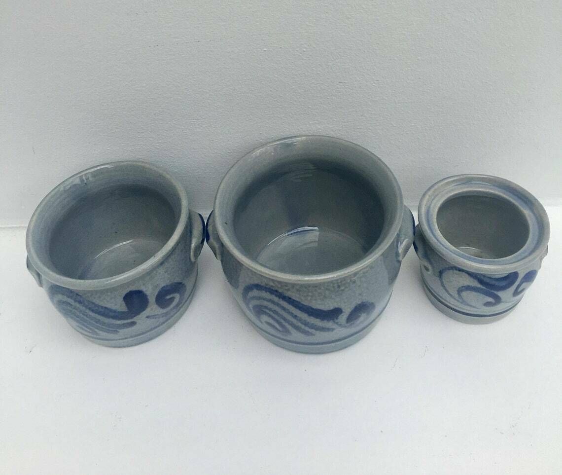 Westerwald Salt Glazed Cobalt Blue Set 3 Plant Pot Indoor Grey Plant Pot Cache Pot Outdoor Pottery, Blue Cobalt Grey Ceramic Stoneware. photo 131.0
