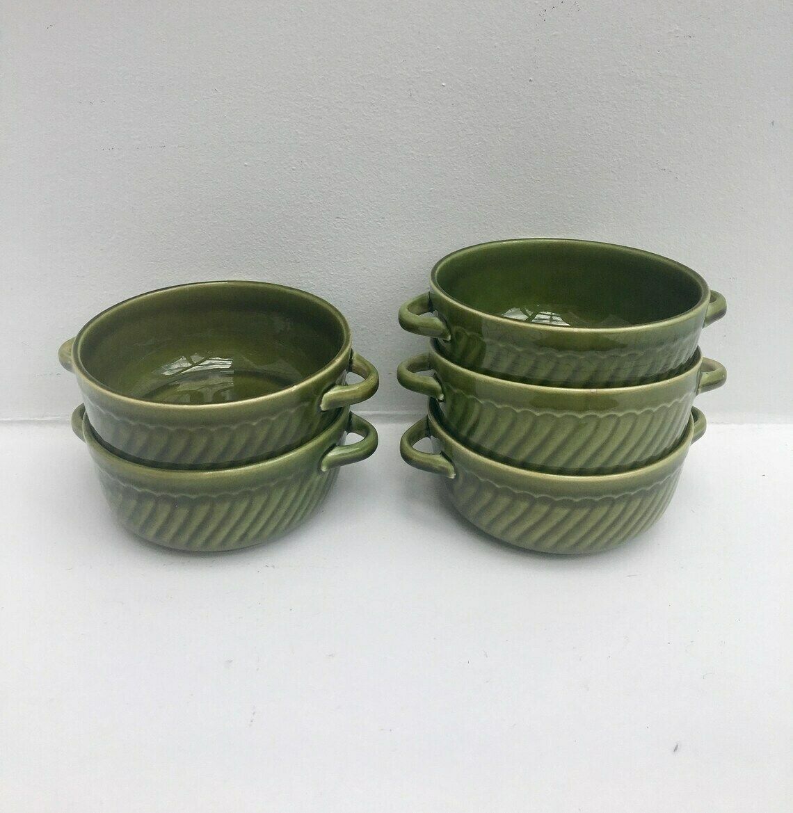 Green Soup Bowl Dinnerware Boch, Belgium Trianon With Handles Dishes La Louviere Belgium Trianon Model Green Dinnerware, Belgian Pottery photo vinterior