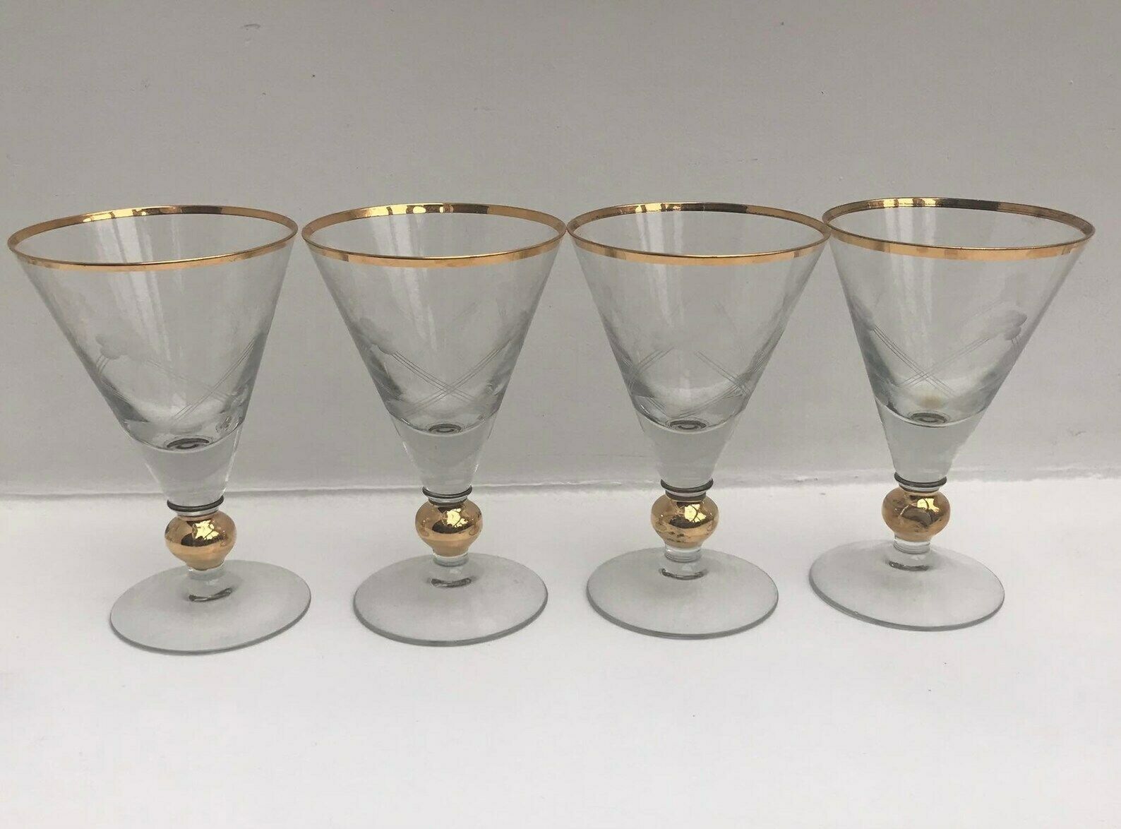 photo for sale Water Glasses Set Of 4 Golden Decorated Foot With A Ball And A Round Base Gilded Hollywood Regency Bar France Christmas Table Bar Cart